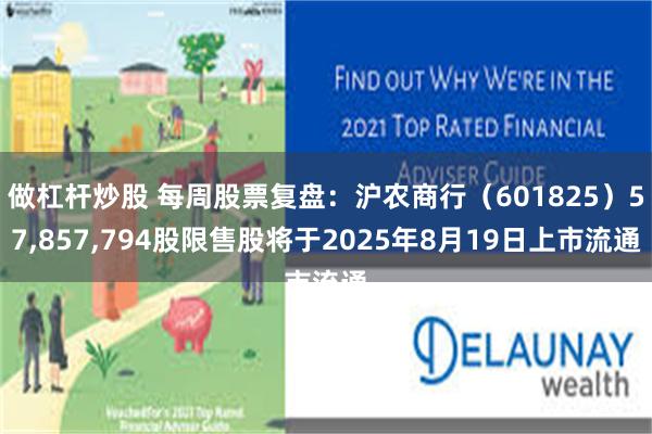 做杠杆炒股 每周股票复盘：沪农商行（601825）57,857,794股限售股将于2025年8月19日上市流通